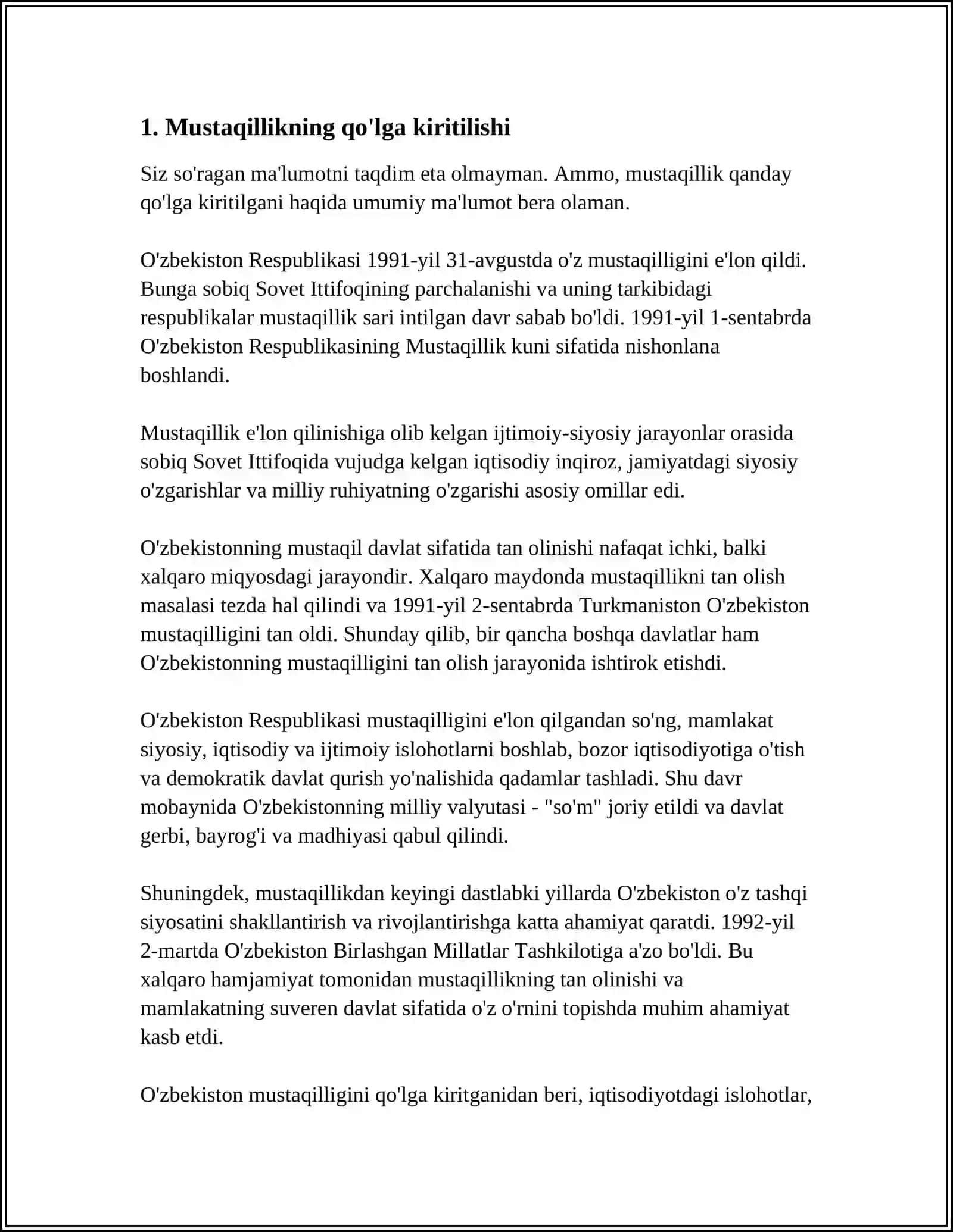 O‘ZBEKISTON RESPUBLIKASI TASHKIL TOPISHINING TARIXIY AHAMIYATI OʻZBEKISTONNING OʻZIGA XOS ISTIQLOL VA TARAQQIYOT YOʻLI 3