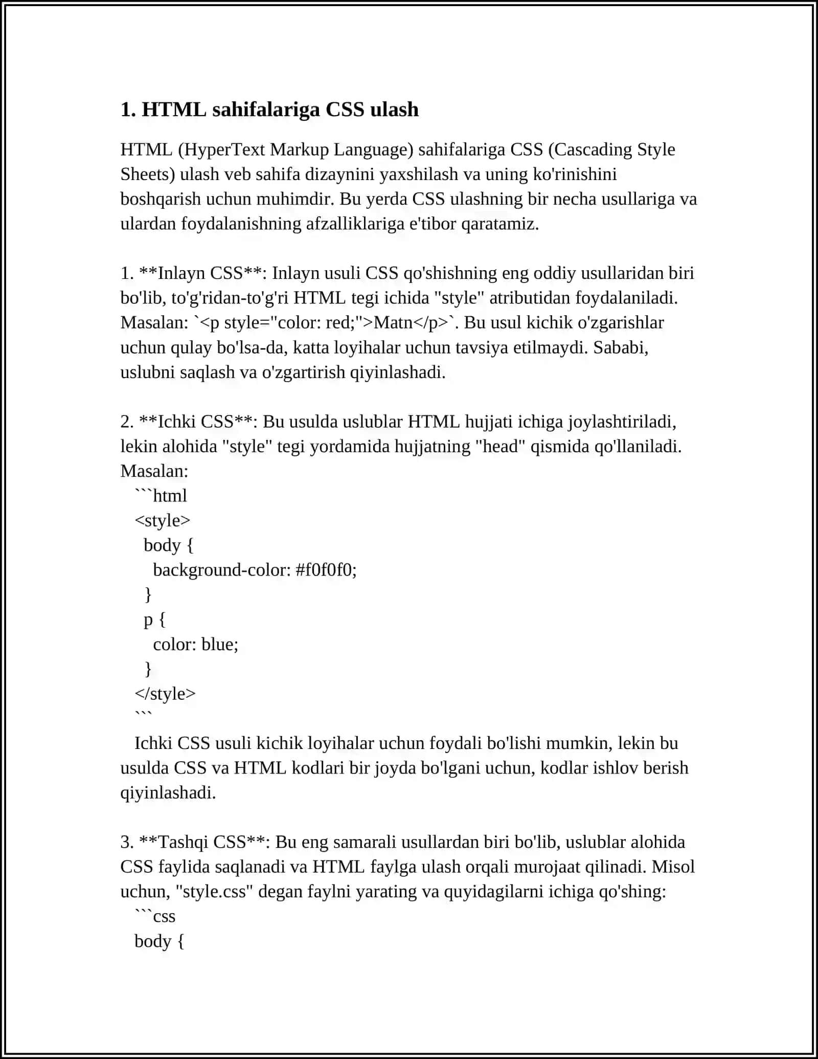 HTML SAHIFAGA CSS ORNATISH.SELEKTOR, KLASS VA IDENTIFIKATORLARNI YARATISH. CSS DA MATNGA STIL BERISH.CSS DA ROYXATGA STIL BERISH 3