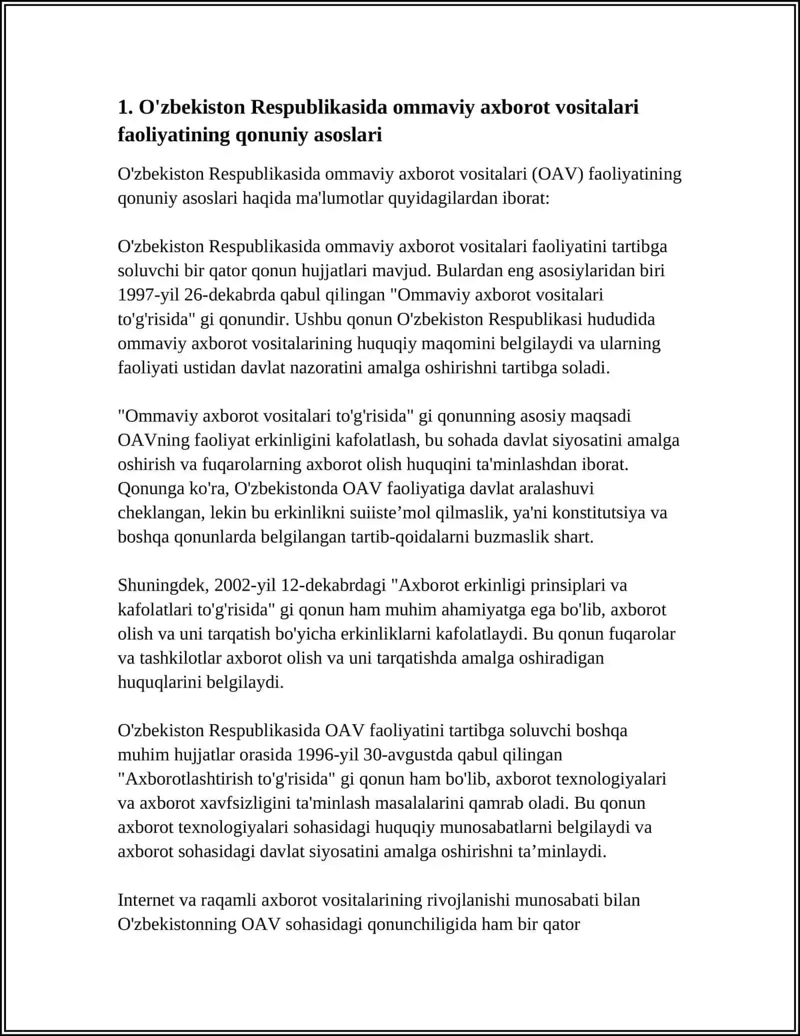 O'ZBEKISTON RESPUBLIKASINING OMMAVIY AXBOROT VOSITALARINING FAOLIYATI 3