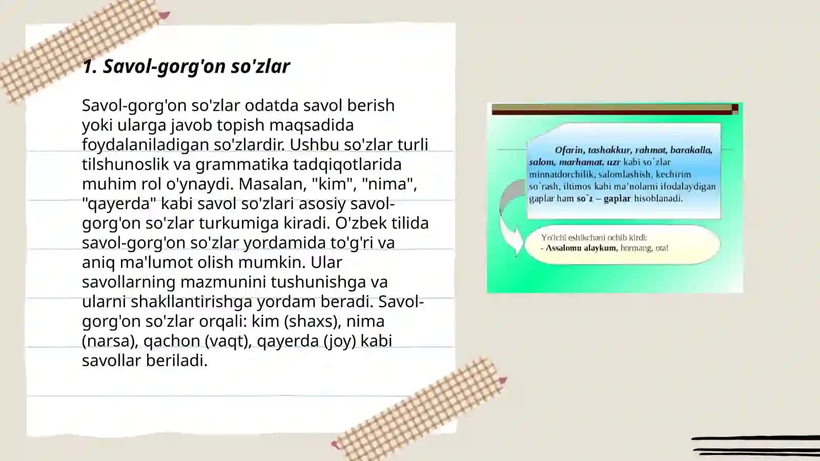 So'z-gaplar, ularning turlari bo'yicha savol-javob o'tkazish, mashqlar, test topshiriqlari bajarish va lisoniy tahlil qoliplarini to'ldirish 3