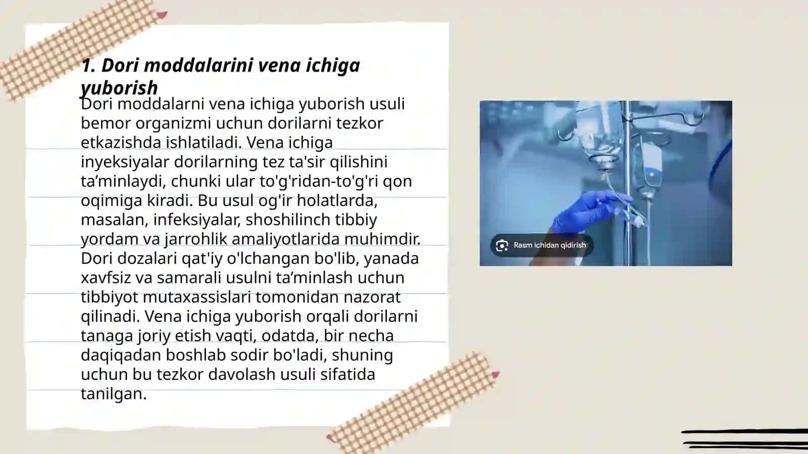 Dori moddalarini vena ichiga tomchilatib yuborish usuli 3