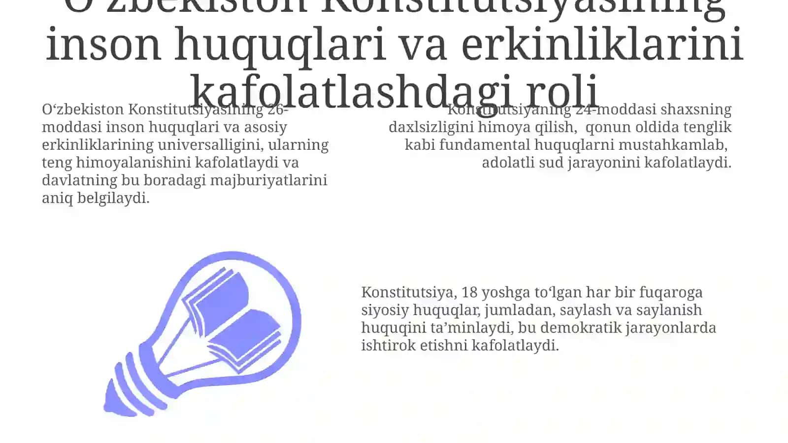 O'zbekistonda inson huquuq va erkinliklarini taʼminlanishining konstitutsiyaviy asoslari 3