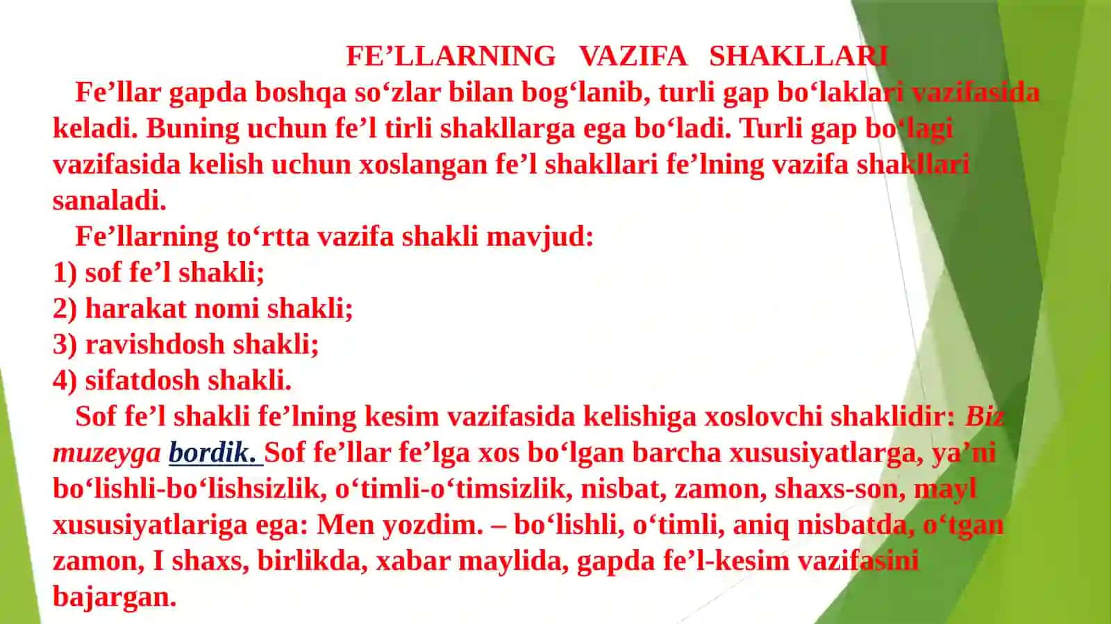 Fe’lning vazifa shakllari. Fe’lning yasalishi. Fe’lning tuzilish jihatdan turlari 3