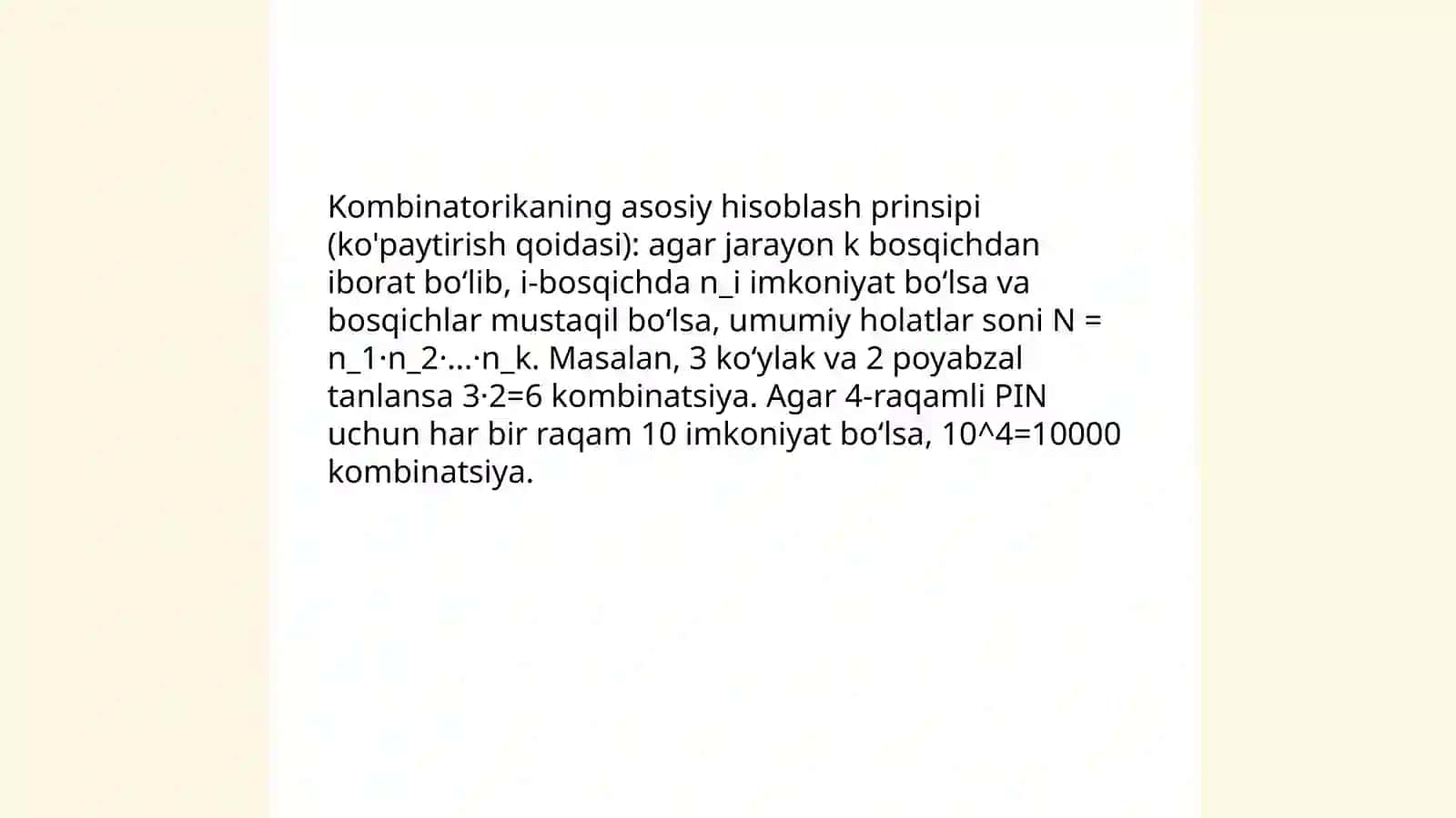 Kombinatorika asosiy prinsipi va kombinatorikaning ba'zi formulalari 3