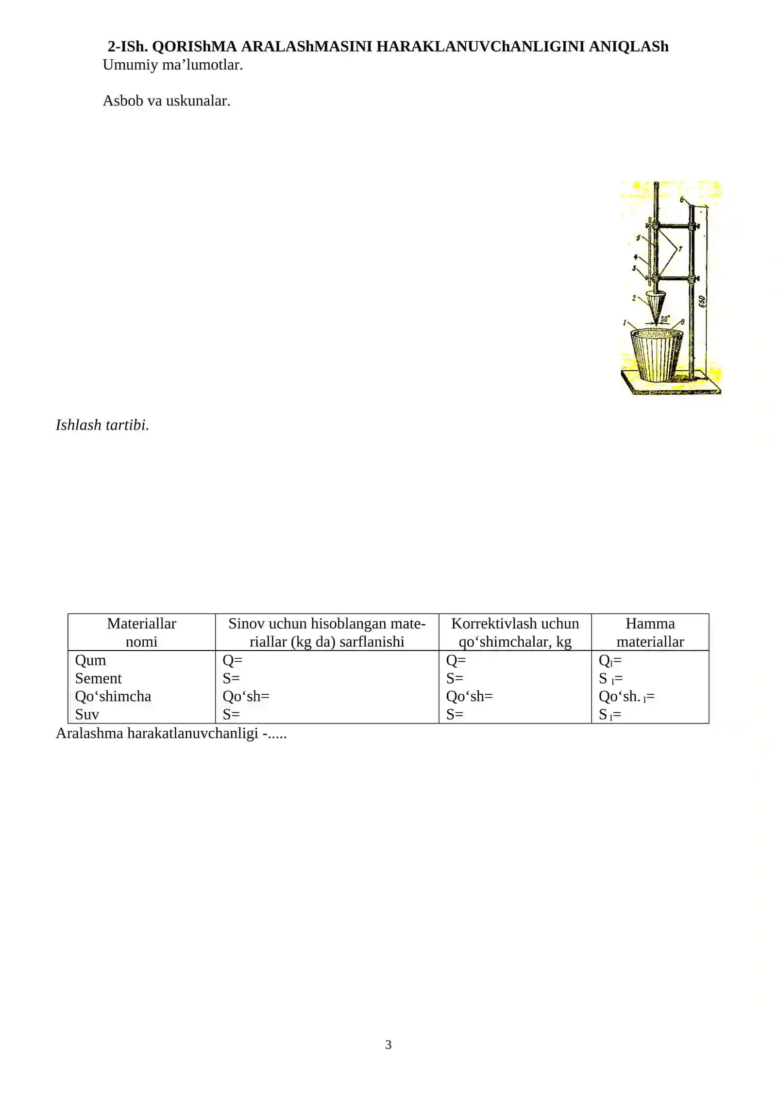 QURILISH MATERIALLARI VA BUYUMLARI labs ishi 3