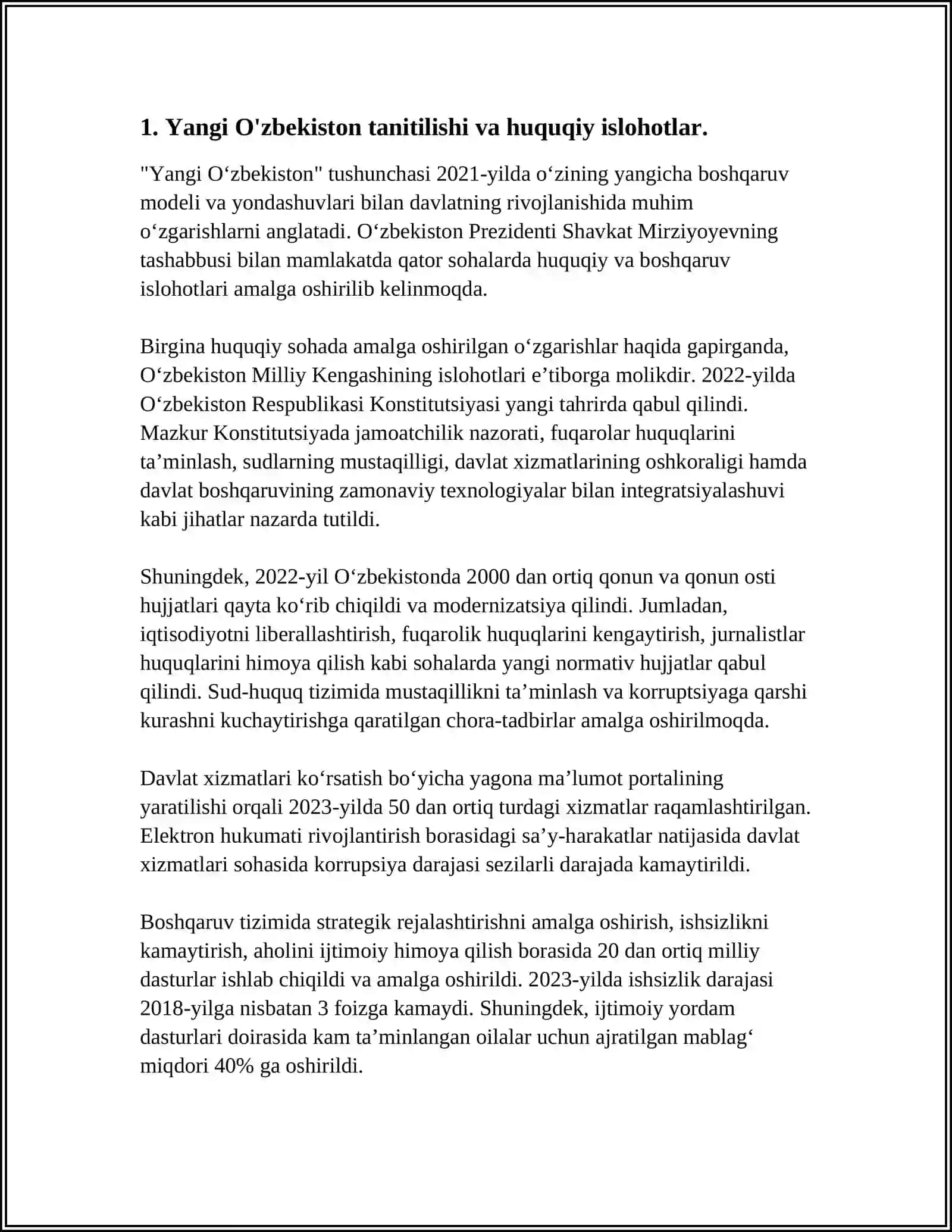 MUSTAQIL ISH Mavzu: YANGI O‘ZBEKISTONDA INSON HAQ-HUQUQLARI VA ERKINLIKLARI KAFOLATINING YARATILISHI 3