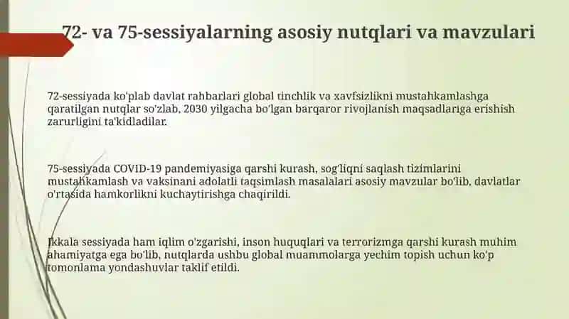 Assambleyasining 72 va 75 sessiyalaridagi nutqlari va uning mazmuni 3