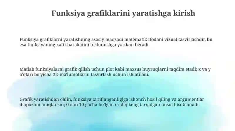 Texnik-tizimlardaaxborot texnologiyalari fanidan Matlab dasturi dafa funksiyaning grafigini yaratish 3