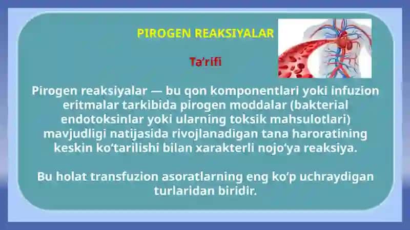 Pirogen reaksiyalar: sabablari, klinikasi va diagnostikasi, birinchi yordam. 3