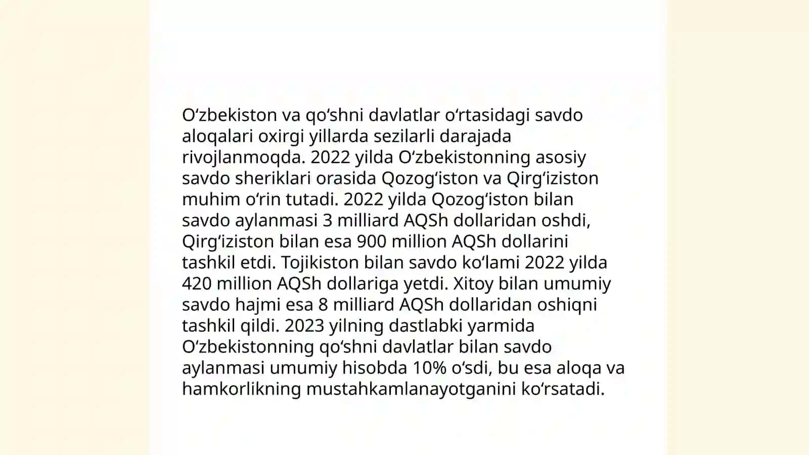 O'zbekiston va qo'shni davlatlar o'rtasidagi savdo aloqalari 3