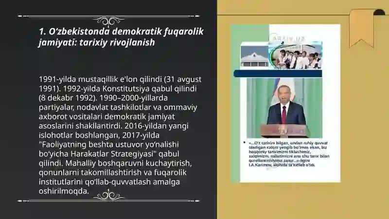 O‘zbekistonda demokratik fuqarolik jamiyati asoslarining shakllanishi. Amalga oshirilgan islohotlar. 3