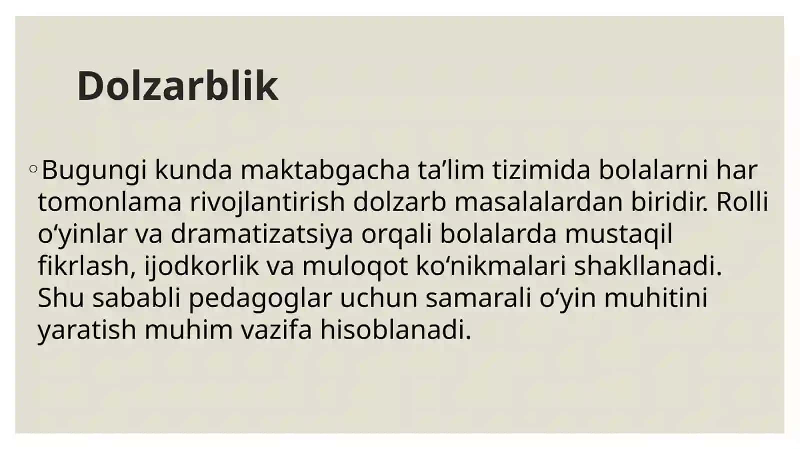 Maktabgacha yoshdagi bolalarning rivojlanishi uchun mavzuni rivojlantiruvchi rolli o’yinlar va drama 3
