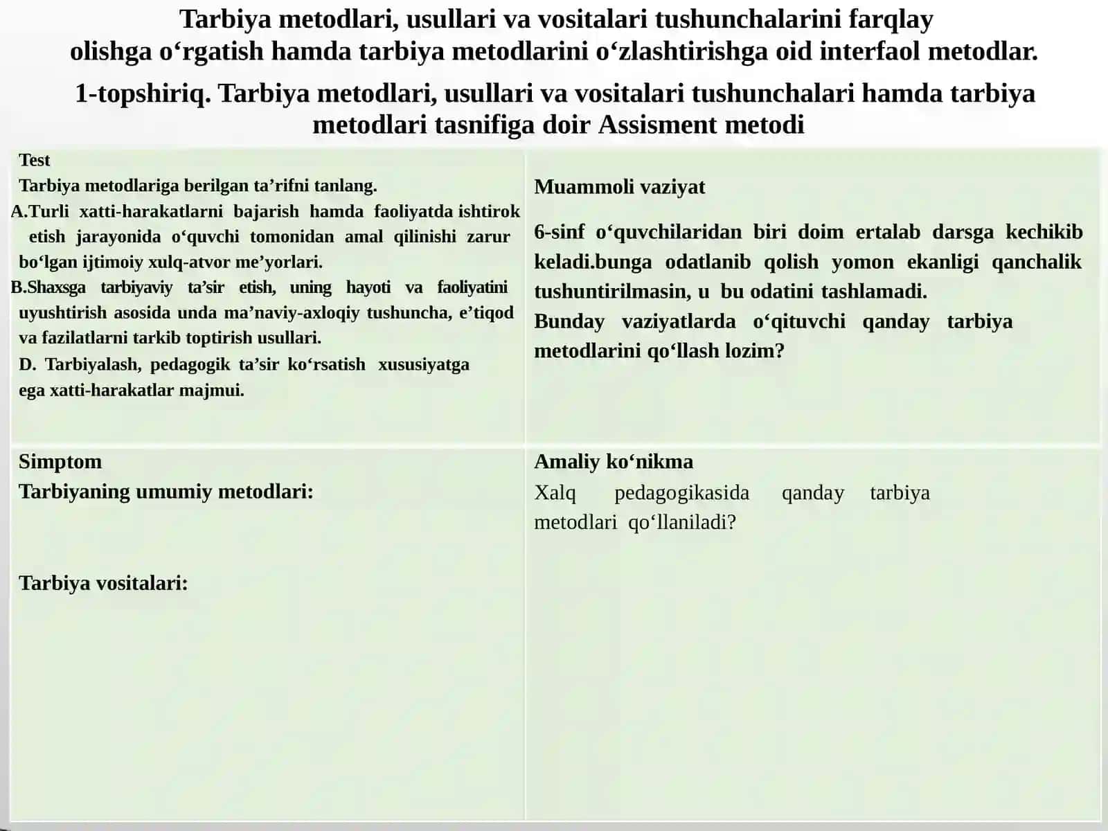 TARBIYA METODLARI VA TURLARINI AMALIYOTDA QO‘LLASH 3