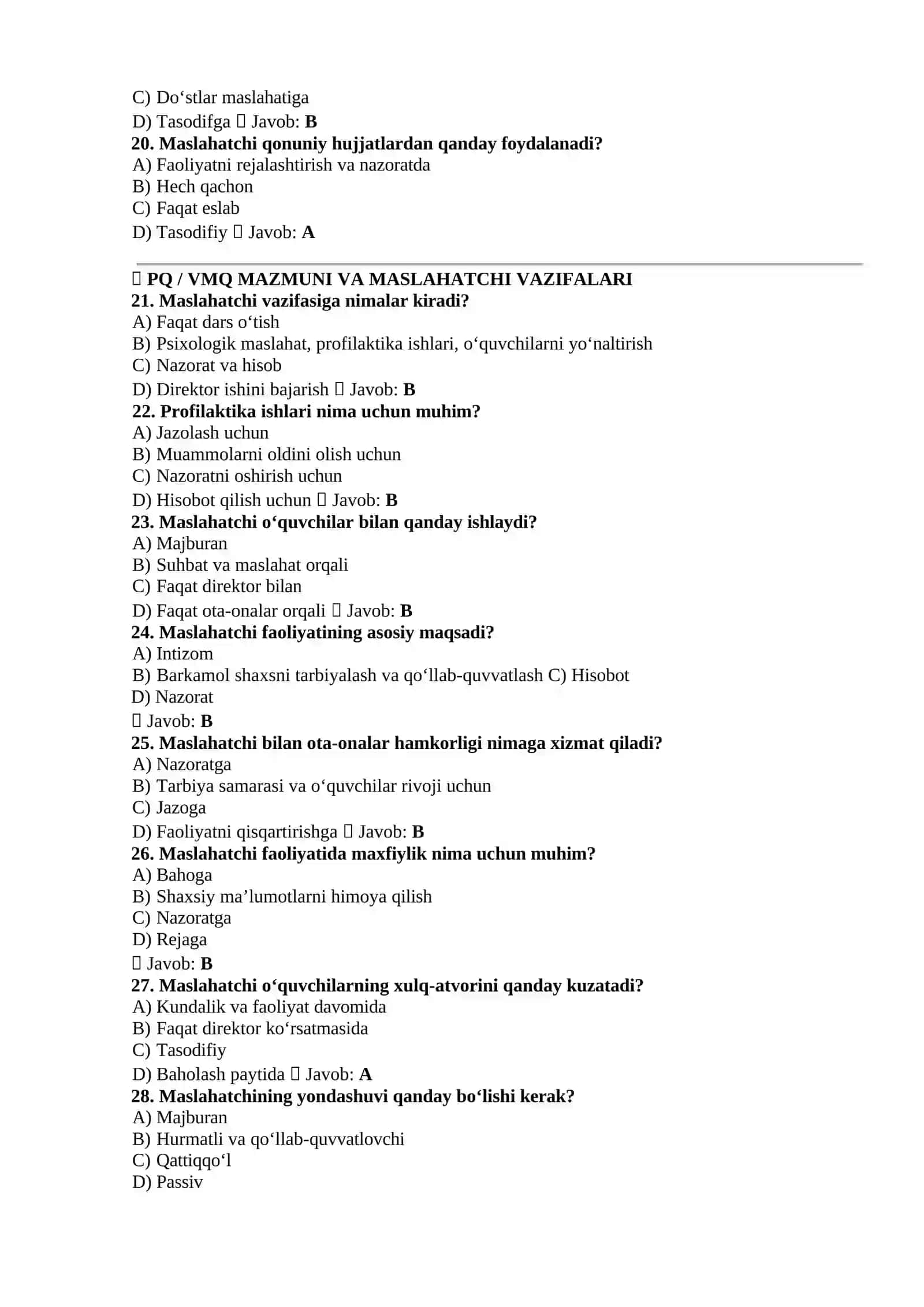 Maktab Maslahatchisi uchun To‘liq Tayyorlov: Testlar va Suhbat Savollari (Javoblari bilan) – 2026 3
