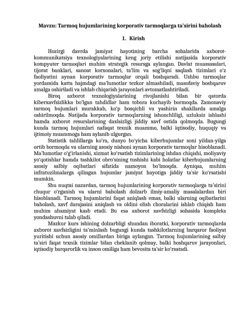 Tarmoq hujumlarining korporativ tarmoqlarga ta’sirini baholash 3