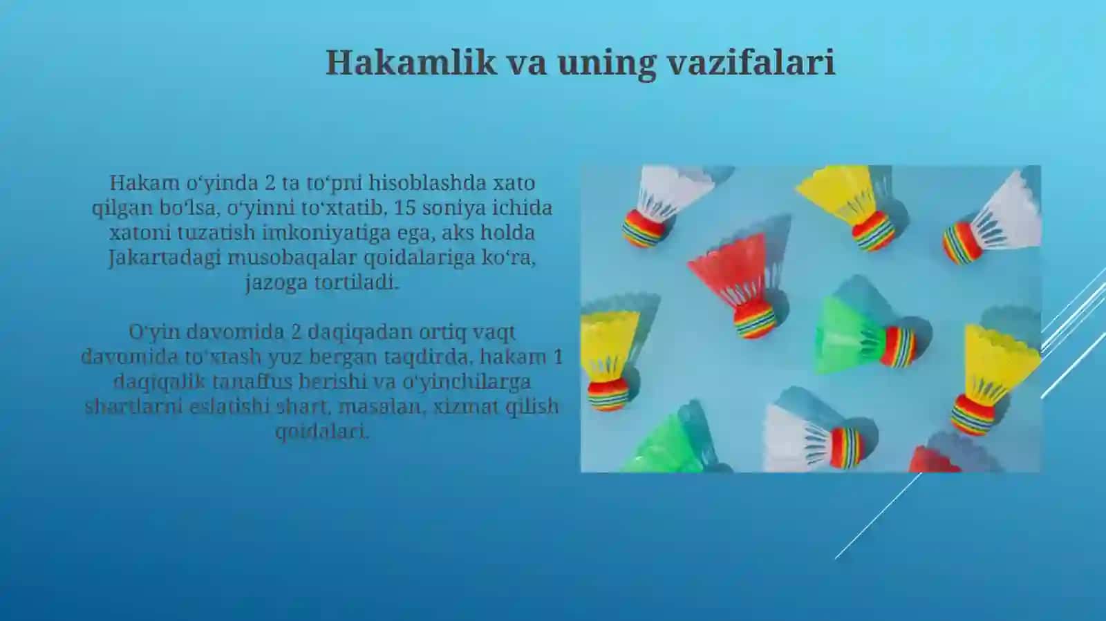 Badminton o'yin qoidalari va hakamlik. Musobaqalarni tashkil etish 3