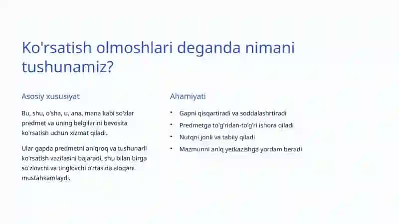 Ko'rsatish olmoshlari: Tilimizdagi ko'rsatkich so'zlar 3