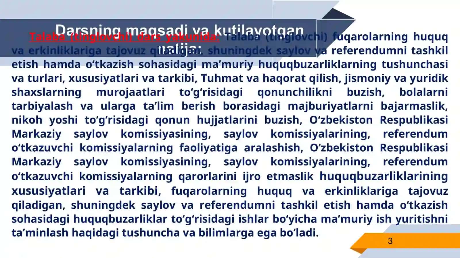 FUQAROLARNING HUQUQ VA ERKINLIKLARIGA TAJOVUZ QILADIGAN,SHUNINGDEK SAYLOV VA REFERENDUMNI TASHKIL ETISH HAMDA O‘TKAZISH SOHASIDAGIHUQUQBUZARLIKLAR UCHUN MA’MURIY JAVOBGARLIK 3