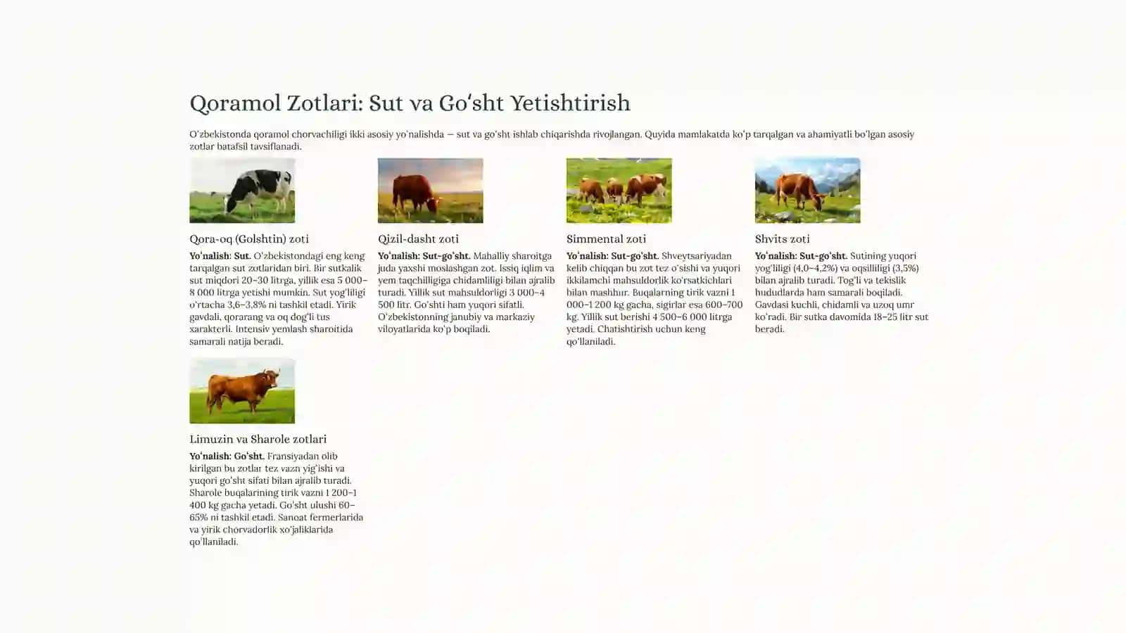 Oʻzbekistonda Chorvachilik: Zotlar vaUlarningAhamiyati 3