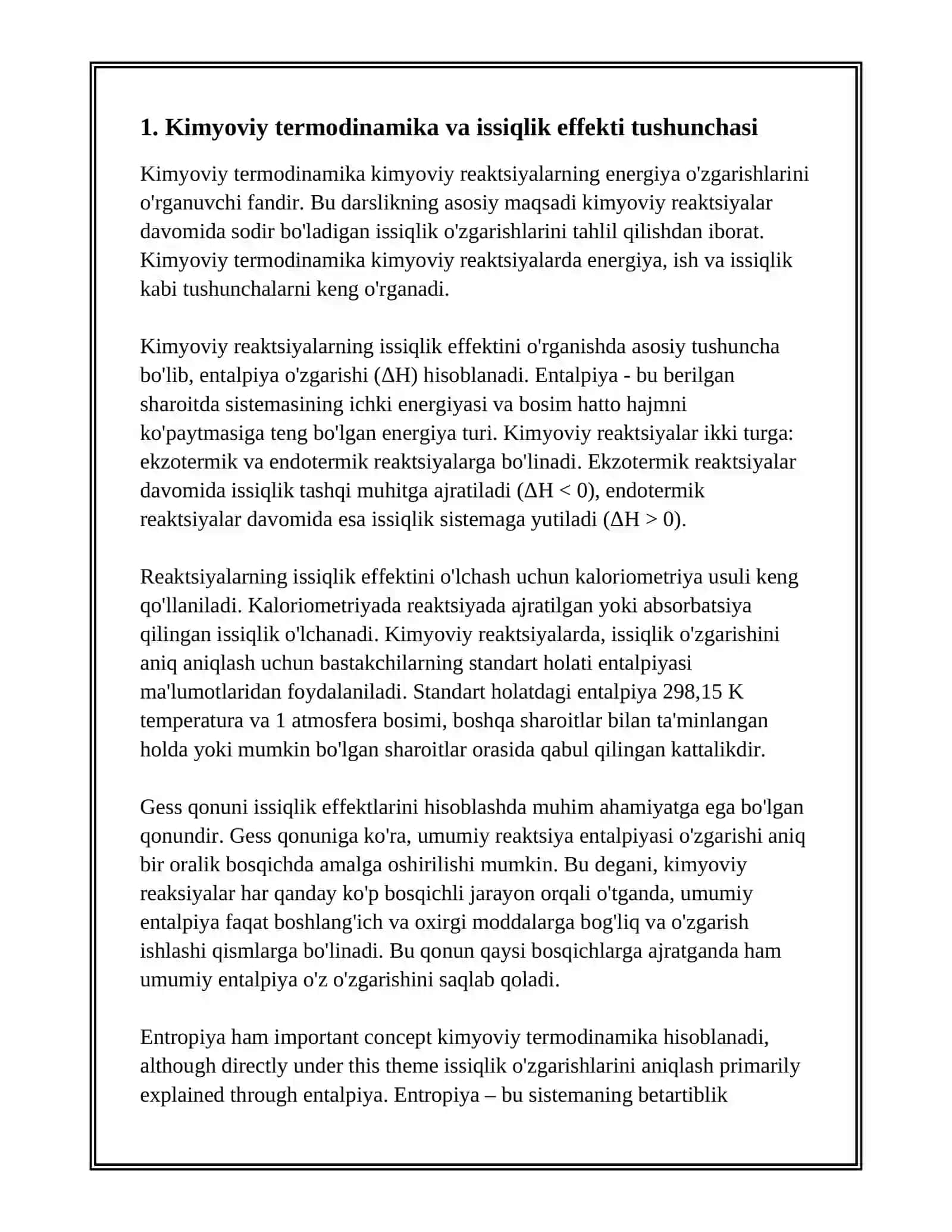 KIMYOVIY TERMODINAMIKA. KIMYOVIY REAKSIYALARNING ISSIQLIK EFFEKTINI ANIQLASH 3