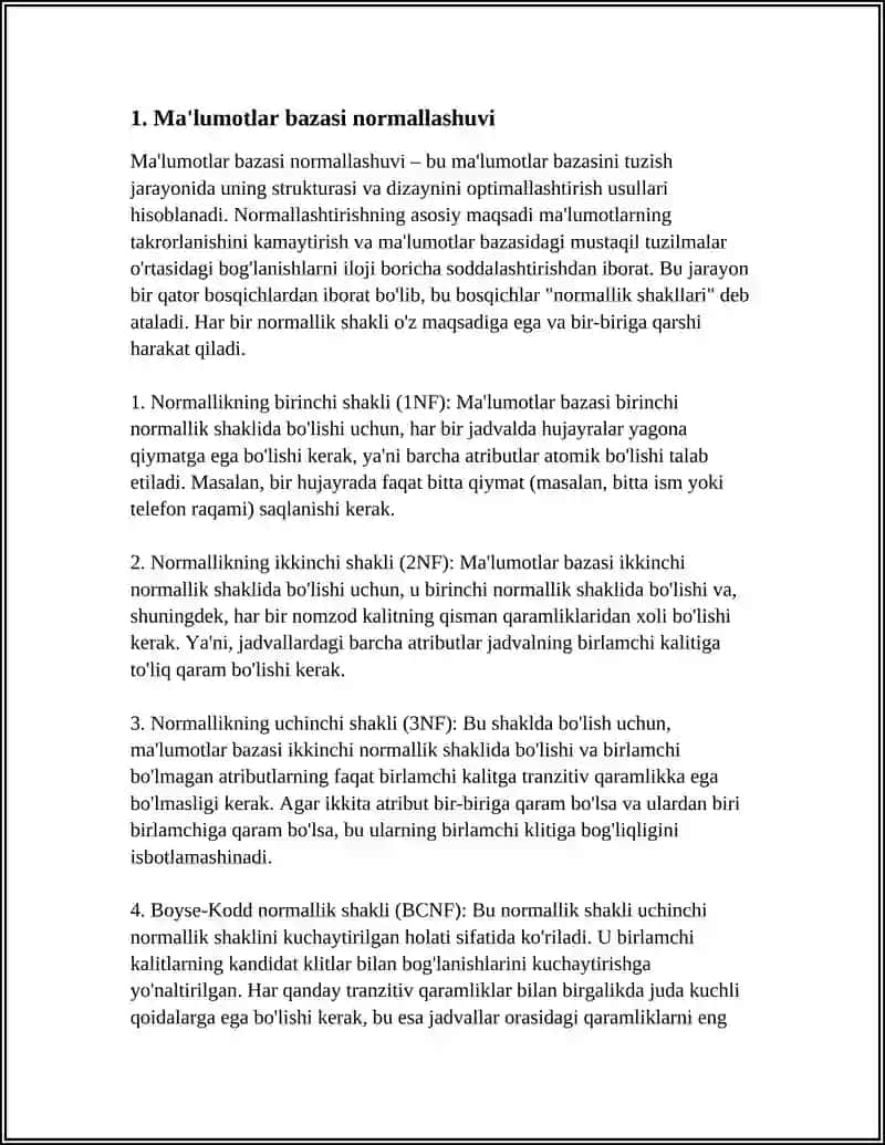 MA‘LUMOTLAR BAZASINI NORMALLASHTIRISH VA 1NF, 2NF, 3NF VA KODD NORMAL FORMALARI 3