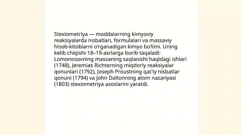 kimyoda stexiometrik qonunlarning yaratilishi 3