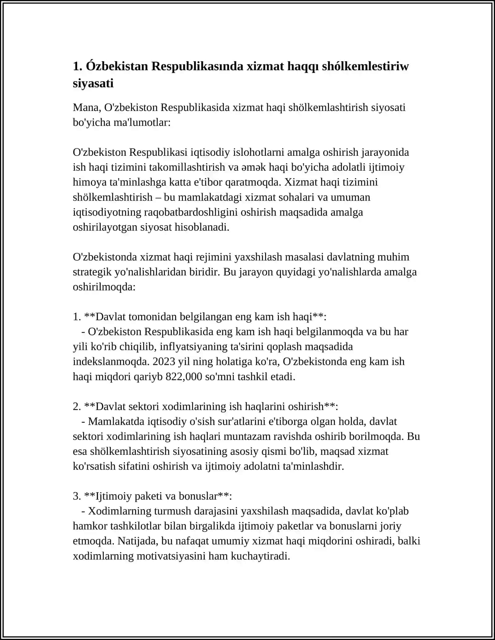 ÓZBEKSTAN RESPUBLIKASÍNDA HÁM DÚNIYA TÁJIRIYBESINDE XÍZMET HAQÍ SHÓLKEMLESTIRIWDIŃ TIYKARĠÍ FORMALARÍ 3