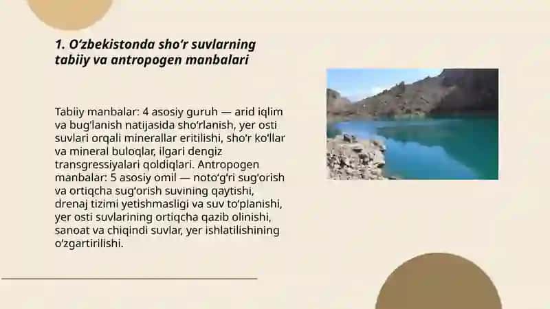 Oʻzbekiston sharoitida tarqalgan shoʻr suvlar va ularni chuchuklashtirish yoʻlari 3
