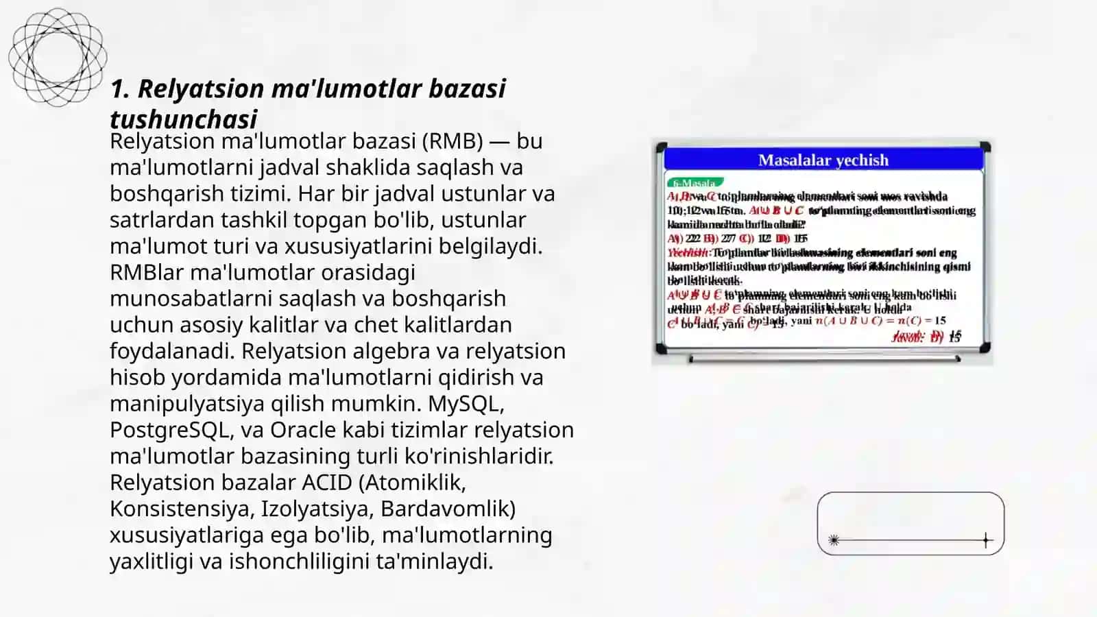 Kodd relyatsion algebrasi. Relyatsion hisoblash 3