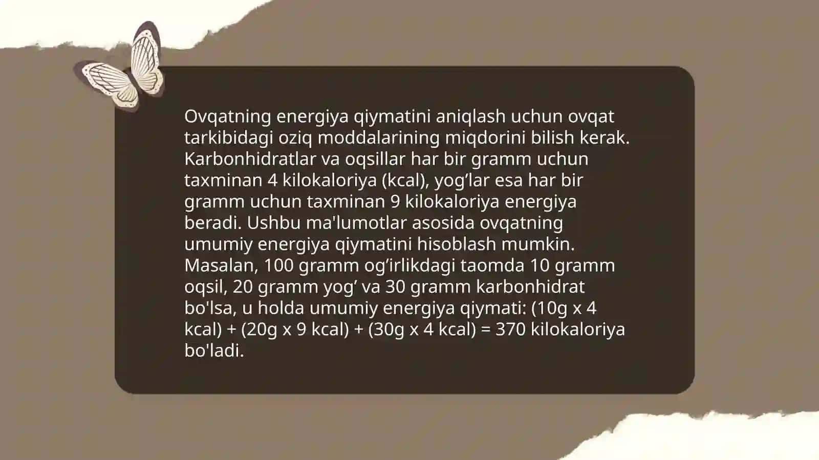 Ovqatning energiya qiymatini aniqlash 3