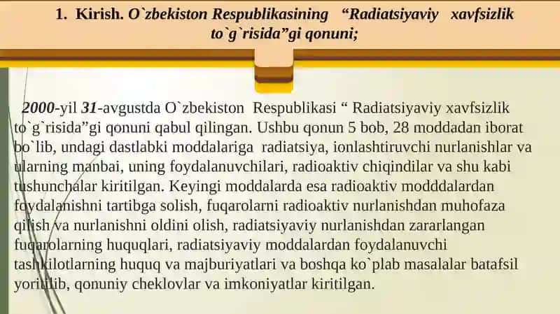 “Radiatsiyaviy xavfsizlik to`g`risida”gi O`zbekiston Respublikasi qonunining moddalari. 3
