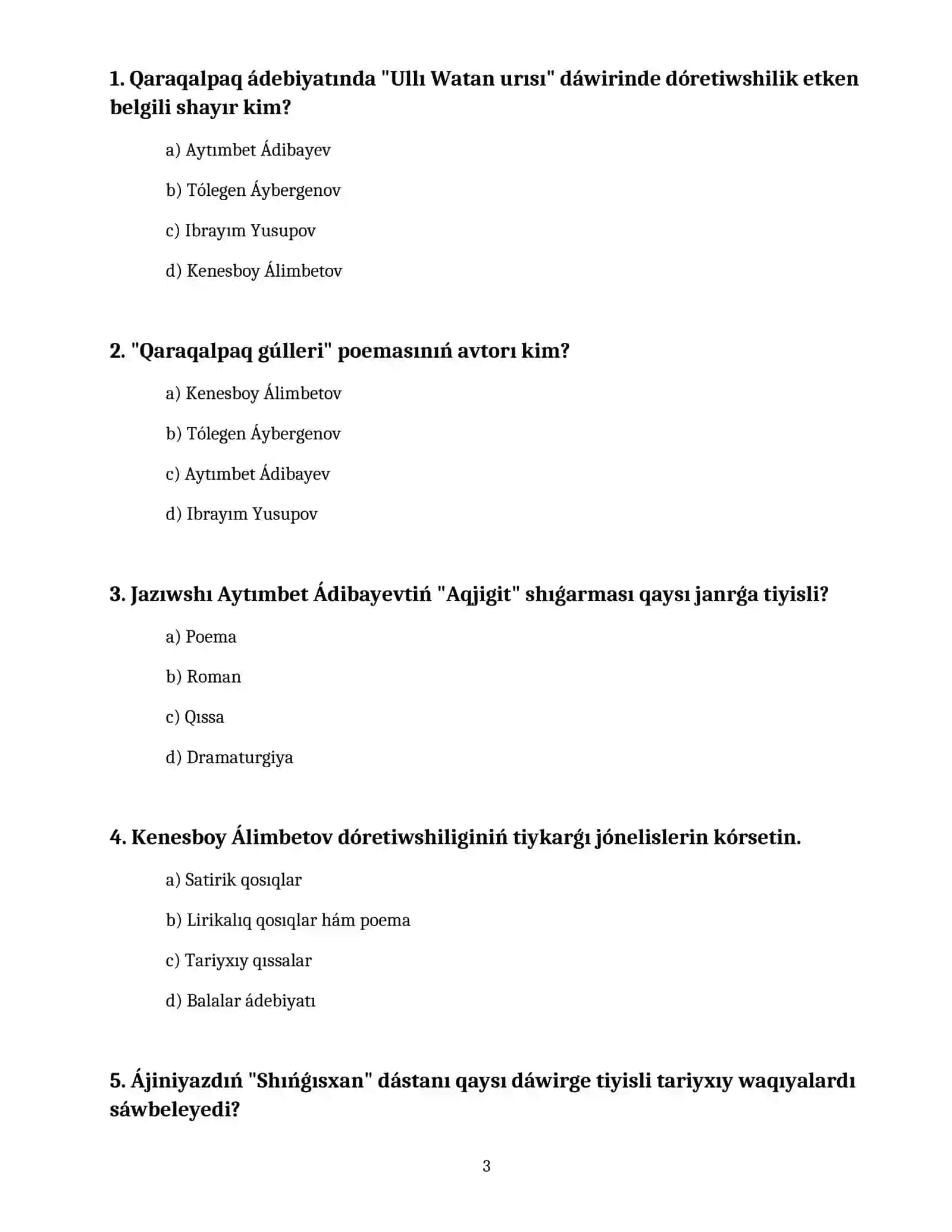 8-klass Adebiyat taza kitaptan 4-sherekte  òtilgen temalar boyınsha test dùziñ juwabı menen 3