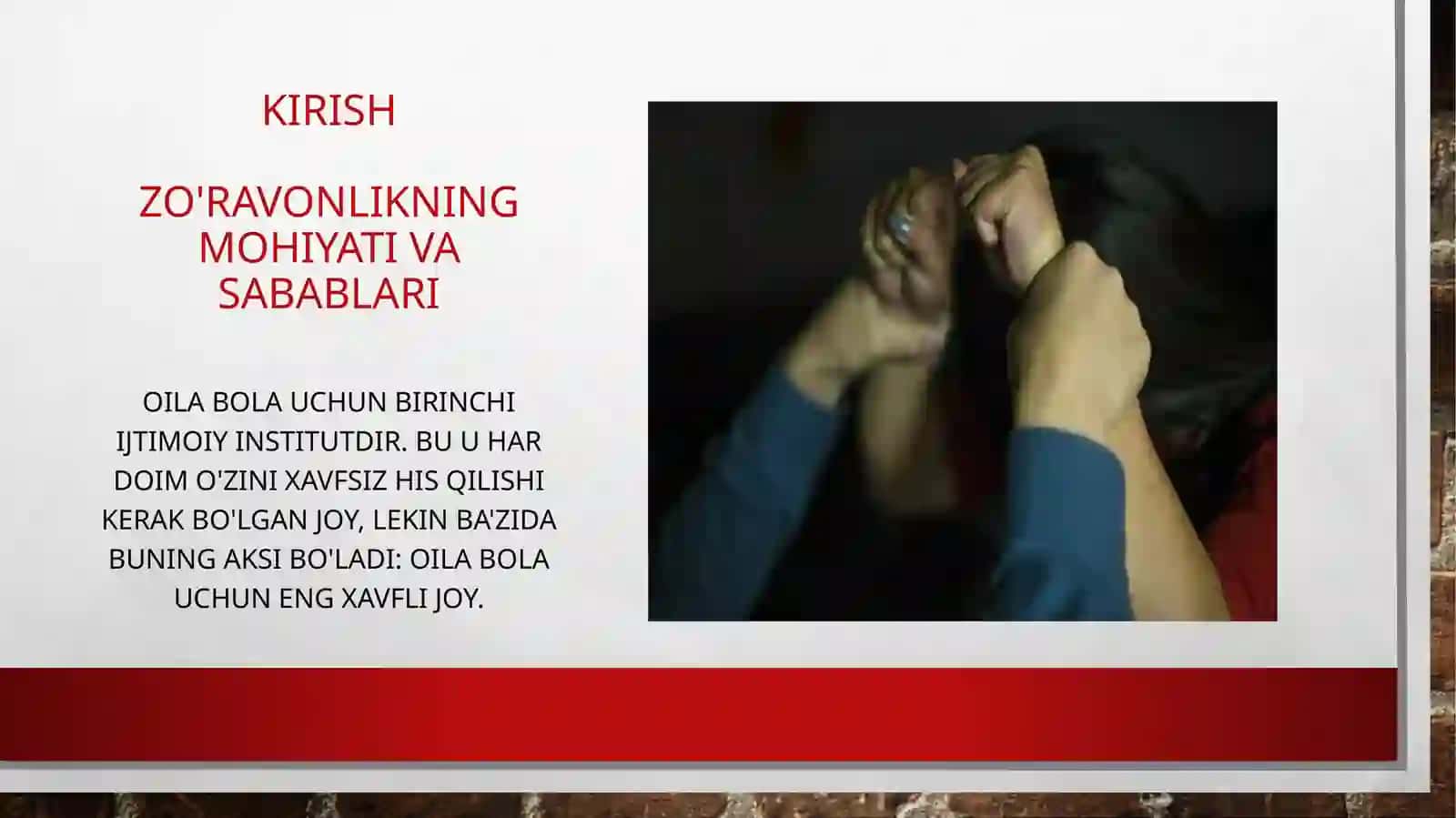 Zo’ravonlik sabablari, turlari va oqibatlari. Oiladagi zo’ravonlik. Oiladagi zo’ravonlikning shakllari, sabablari va mexanizmi 3