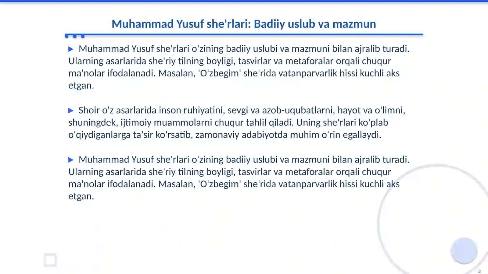 Badiiy matn tahlili namunasi:Muhammad Yusuf she'rlari ta'limoti 3