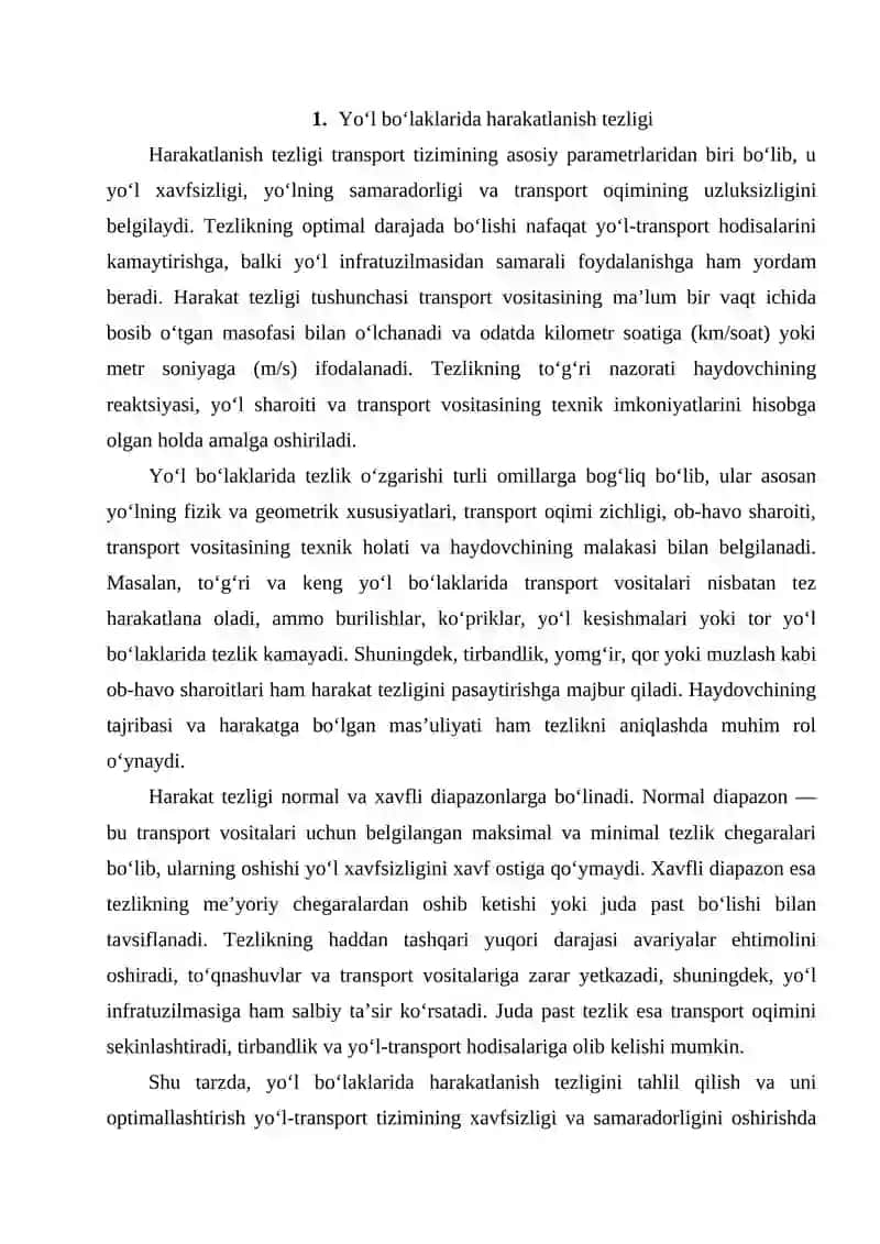 Yo‘l bo‘laklarida harakatlanish tezliklarini o‘zgarishi, avariyalik va xavfsizlik koeffitsentlari asosida baholash 3