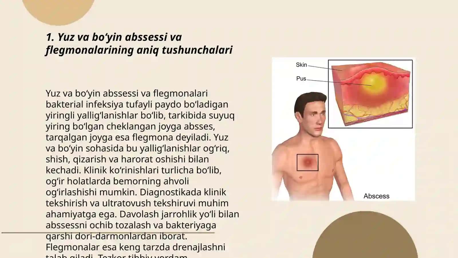 Yuz va bo‘yin abssess va flegmonalari umumiy tasnifi. Klinik ko‘rinishi va tashxislash 3