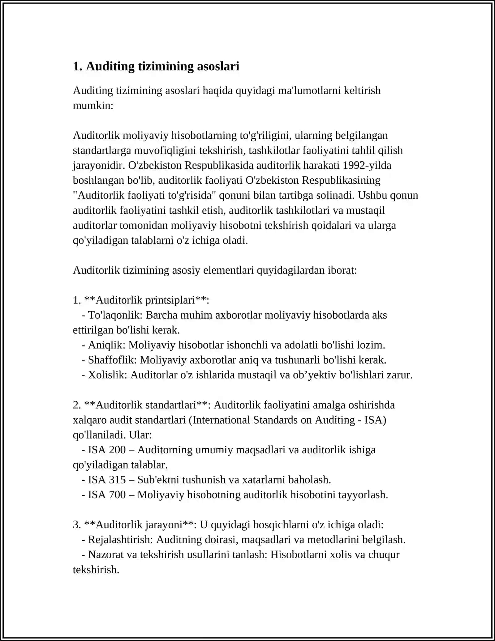 AUDITNI XALQORO SATANDARTLARI SINFLASHTRISH VA O'ZBEKSTON RESPUBLIKASIDA QO'LASH MASALALARI 3