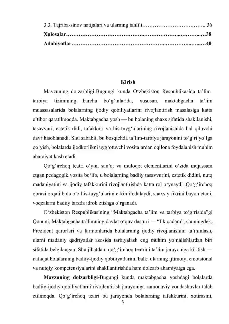 Maktabgacha katta yoshdagi bolalarning badiiy ijodiy qobiliyatlarini qoʻgʻirchoq teatri vositasida shakllantirish mazmunii 3