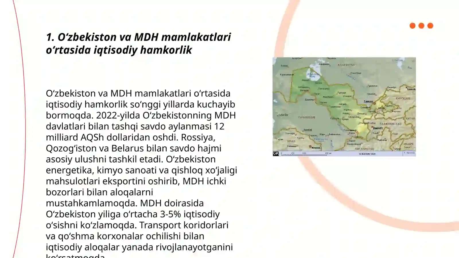 Oʻzbekiston va mustaqil davlatlar bilan hamkorlik va hamdoʼstligi 3