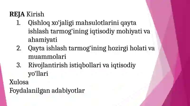 "QISHLOQ XO'JALIGI MAHSULOTLARINI QAYTA ISHLASH TARMOG'INING RIVOJLANISH ISTIQBOLLARI" TAQDIMOTI 3