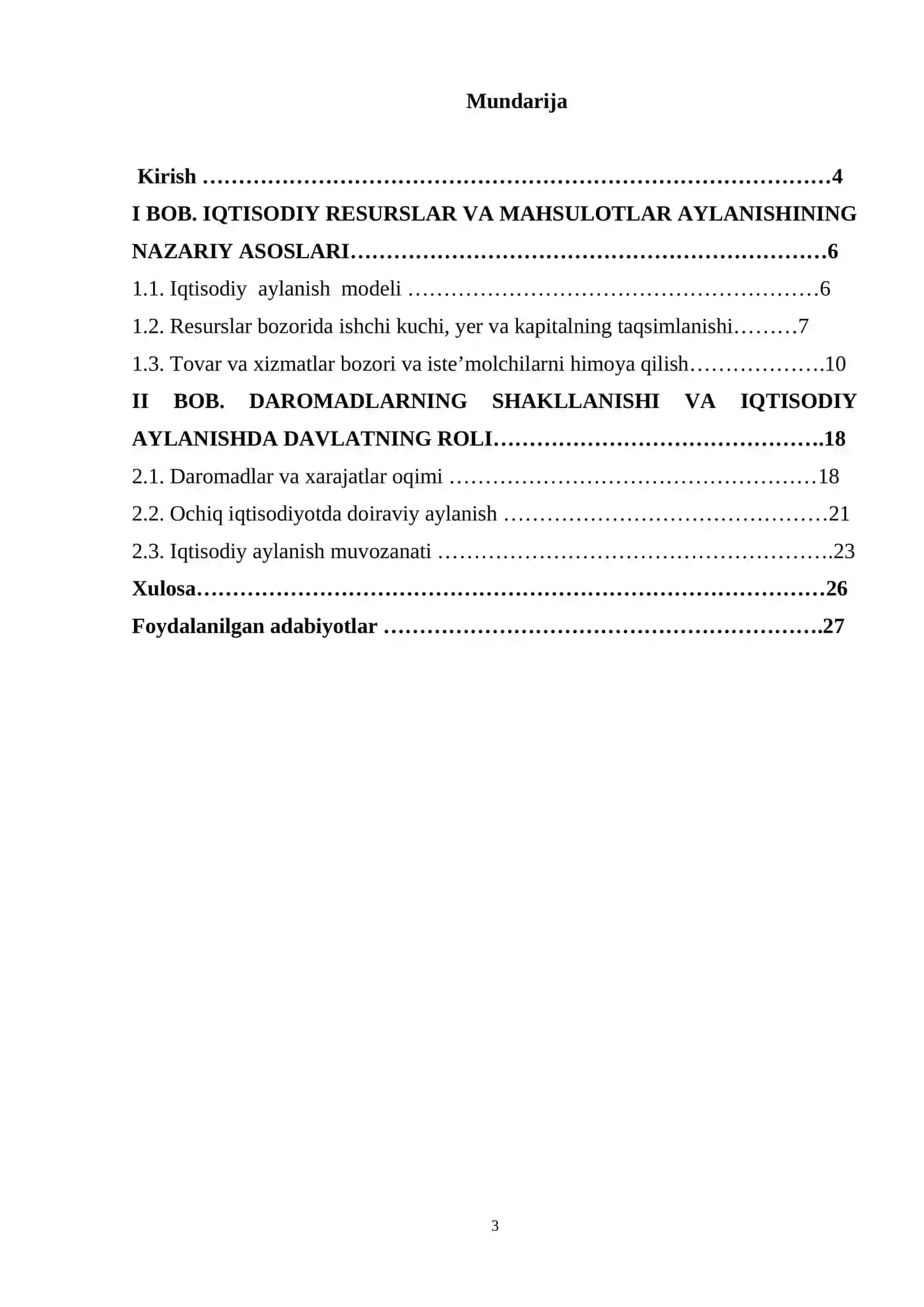 RESURSLAR, TOVARLAR VA XIZMATLAR HAMDA DAROMADLARNING DOIRAVIY AYLANISHI MAVZUSIDAGI KURS ISHI 3