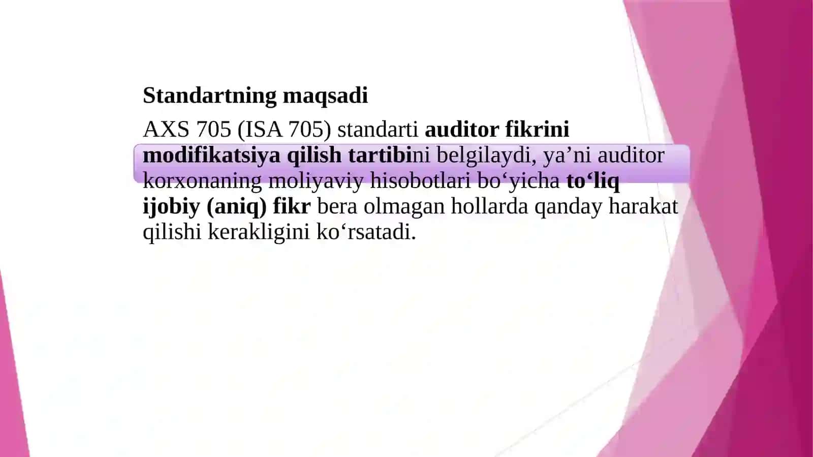 AUDITNING XALQARO STANDARTI AXS 705 “MUSTAQIL AUDITOR HISOBOTI (XULOSASI)DA FIKRNI MODIFIKATSIYALASH 3