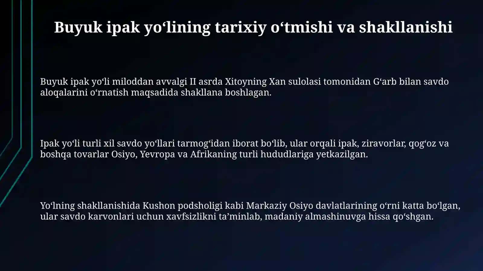 Buyuk ipak yoʻlini oʻrta osiyoda iqtisodiy munosabatlarrivojlanishidagioʻrni 3