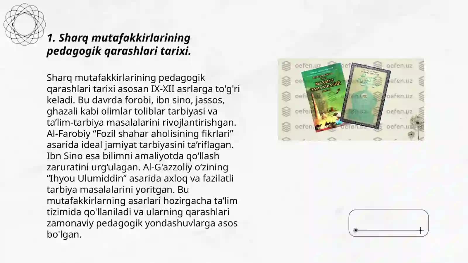 Sharq mutafakkirlarining pedagogik qarashlari va ustoz-murabbiyga qòygan talablarini oʻrganib taqdimot tayyorlang 3