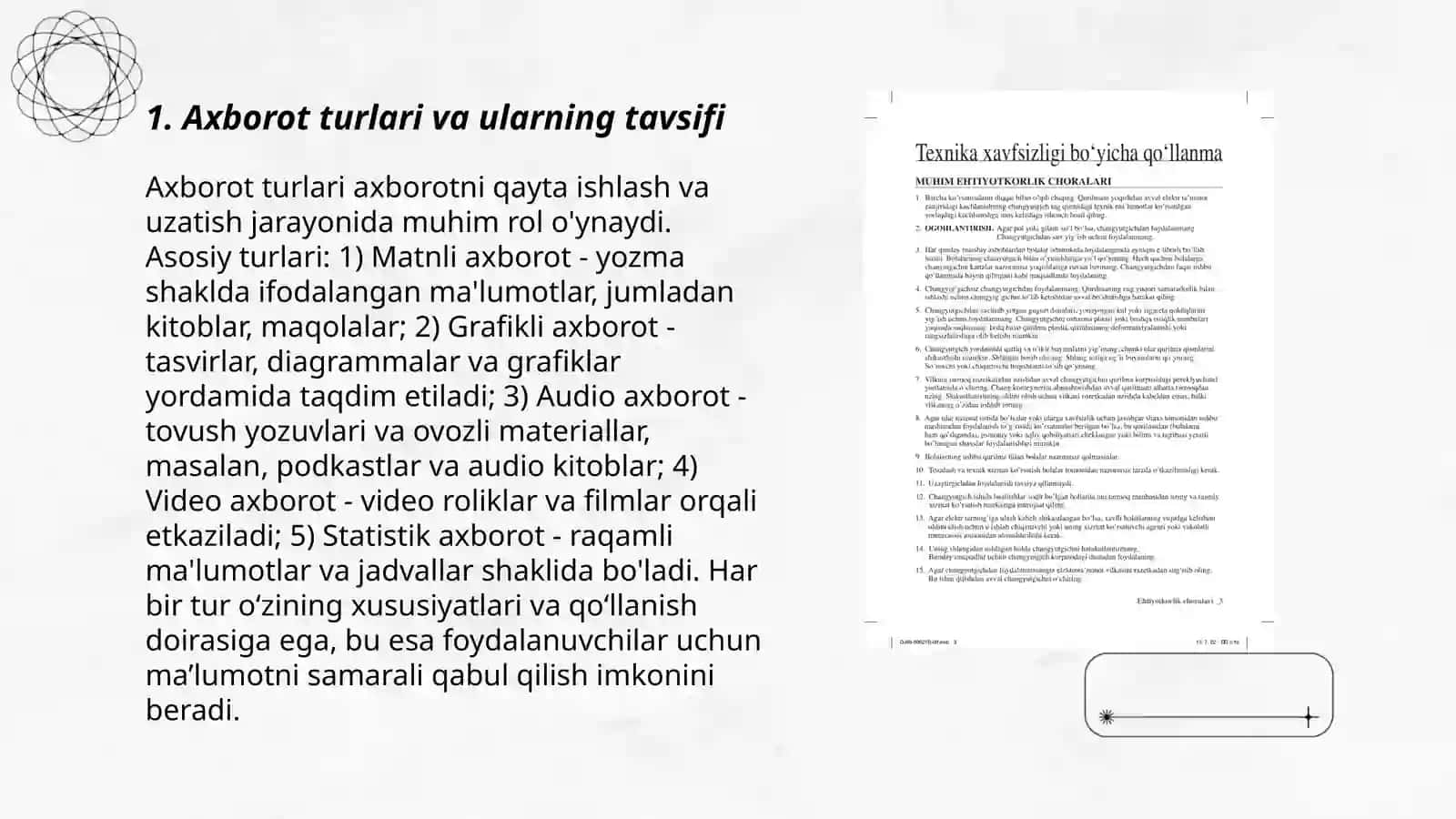Axborot turlari. Sanoq sistemalari texnika xavfsizligi 3