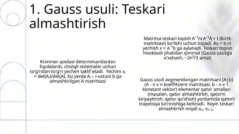 Chiziqli tenglama sistemasini yechishning Gaus Kramer teskari matritsa yordamida yechish usuli 3