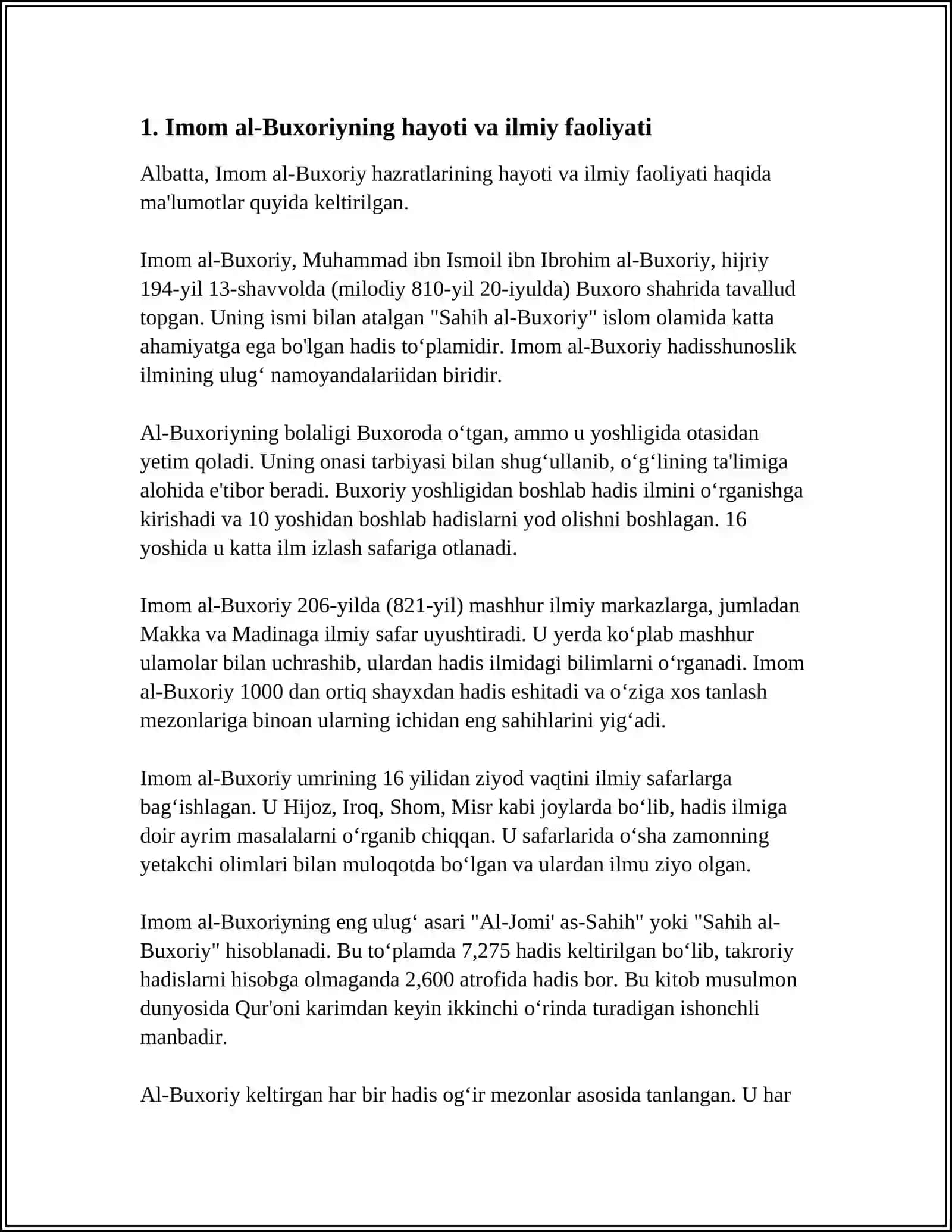 IMOM AL-BUXORIY: HADISSHUNOS OLIM, UNI ISLOM MADANIYATIGA QO'SHGAN HISSASI 3