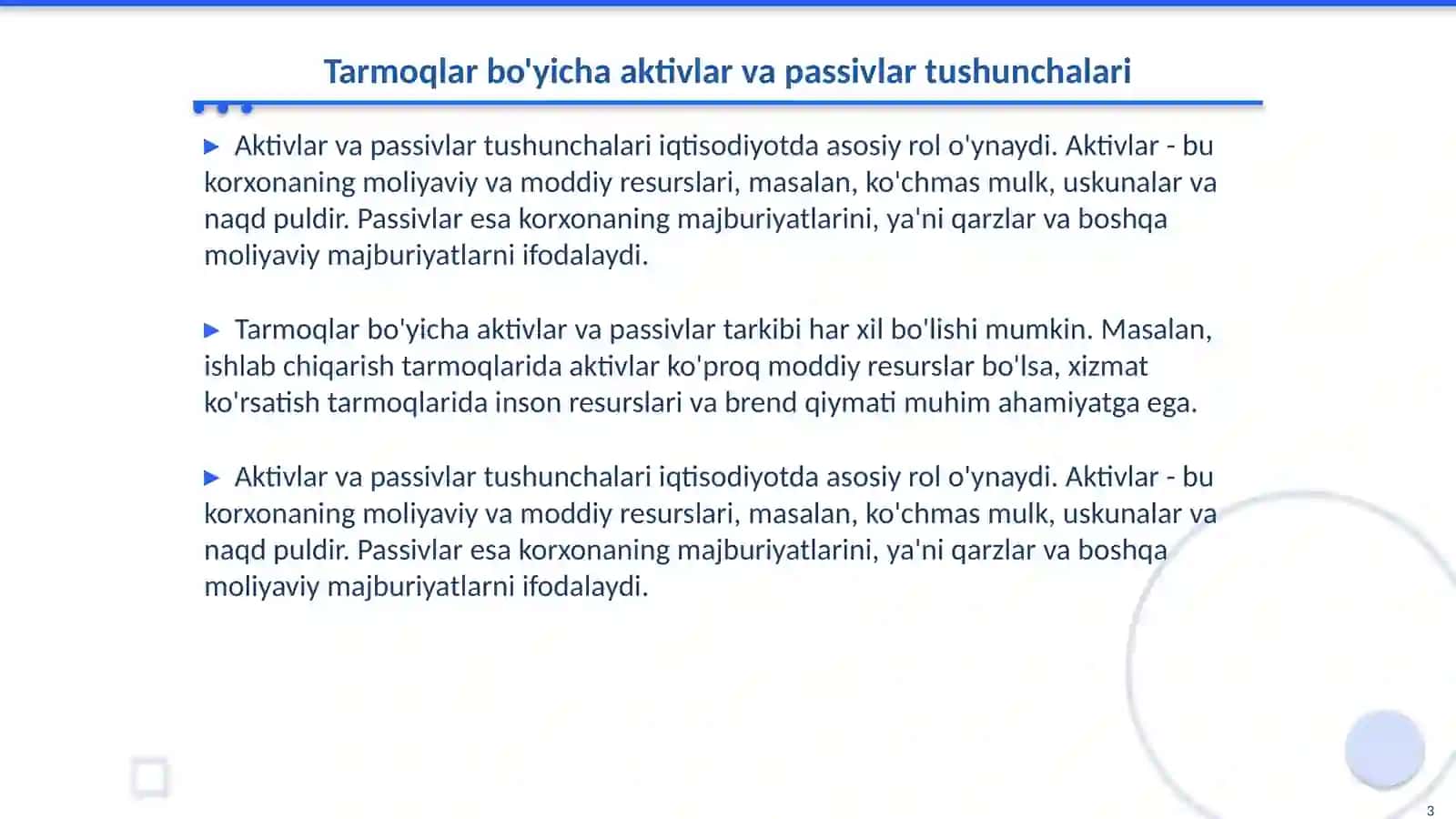 Tarmoqqa qarab aktivlar va passivlar tarkibining xususiyatlari 3