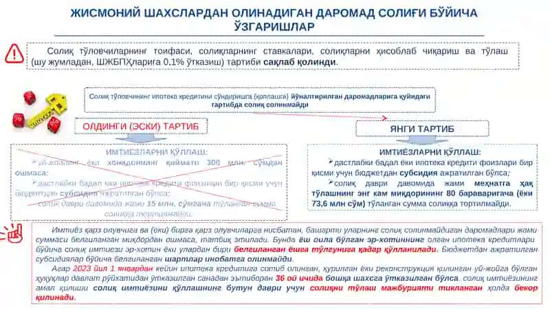2023 ЙИЛДА ЖИСМОНИЙ ШАХСЛАРДАН ОЛИНАДИГАН ДАРОМАД СОЛИҒИ, МОЛ-МУЛК ВА ЕР СОЛИҚЛАРИ БЎЙИЧА ҚОНУНЧИЛИККА КИРИТИЛГАН ЎЗГАРТИРИШЛАР 3