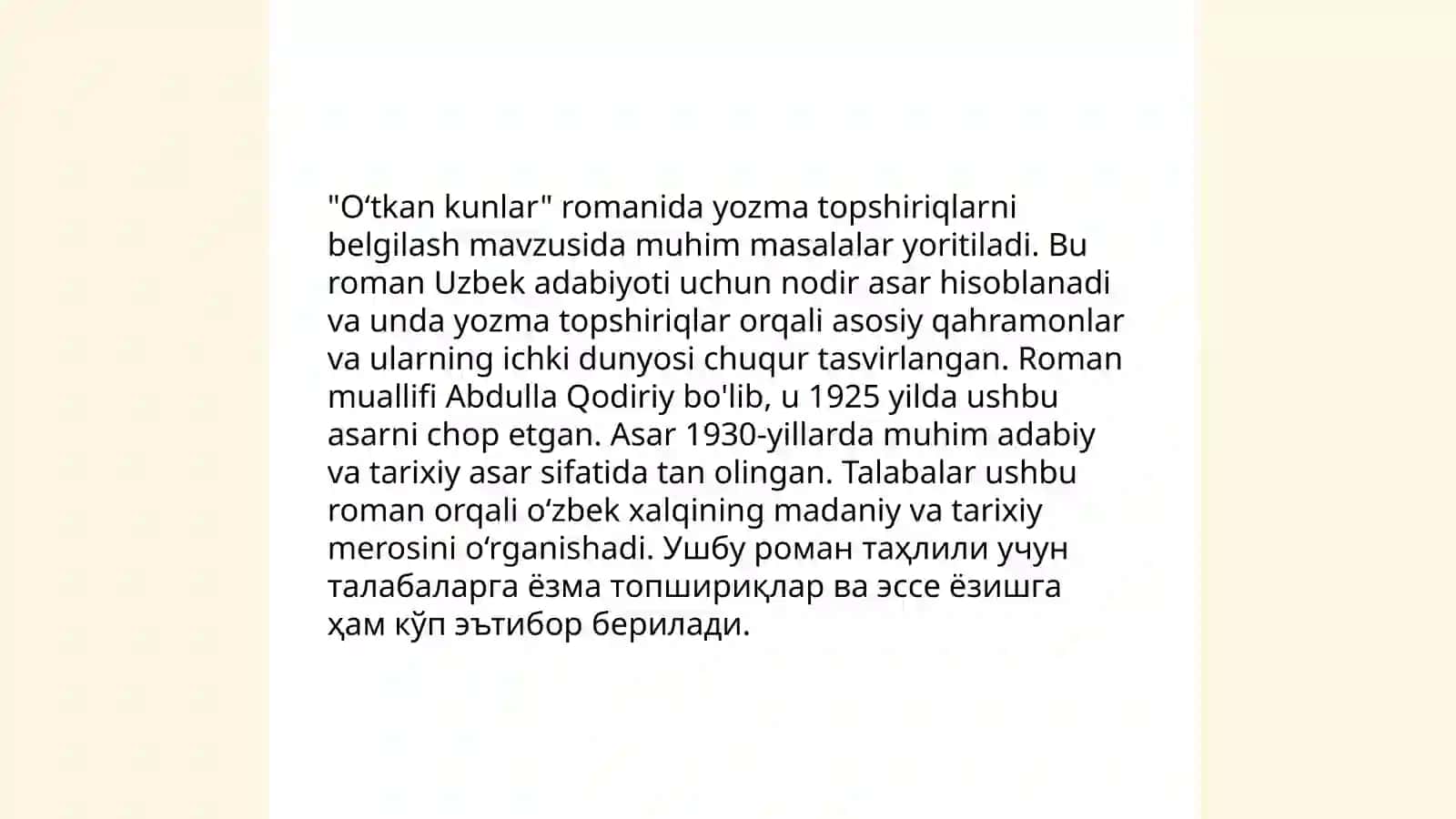 O'tkan kunlar romanida yozma topshiriqlarni belgilash 3